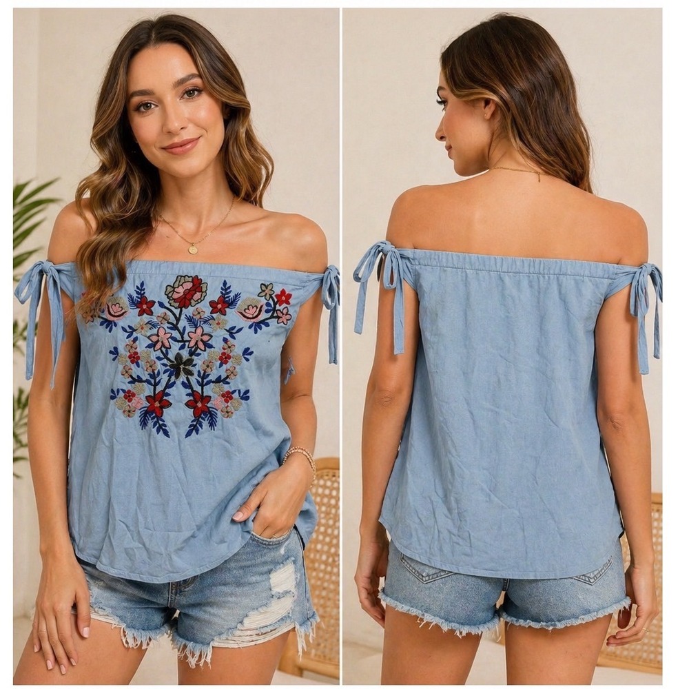 Davi & Dani Skirt Womens Small Blue Floral Embroidered Side Tie Chambray DT5389